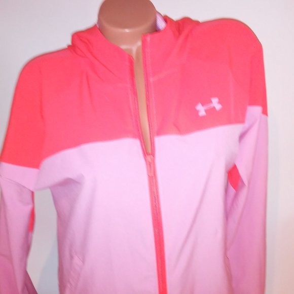 Under Armour Jacket Windbreaker Small Pink Orange Zip Up Loose Fit Hooded Pit to - Picture 8 of 13